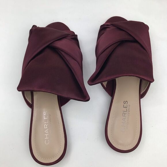 Charles David Burgundy Satin Wrap Knot Open Toe Slide Flats - Picture 10 of 14